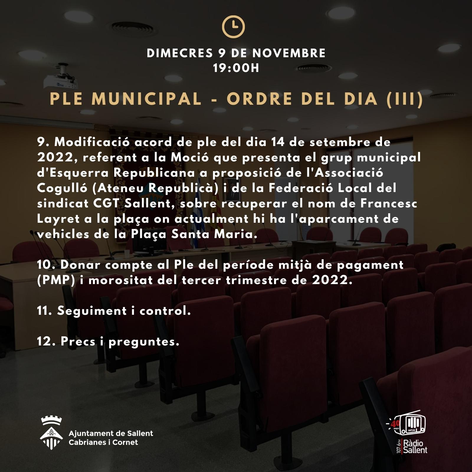 Convocatòria del Ple Municipal del 9 de novembre de 2022