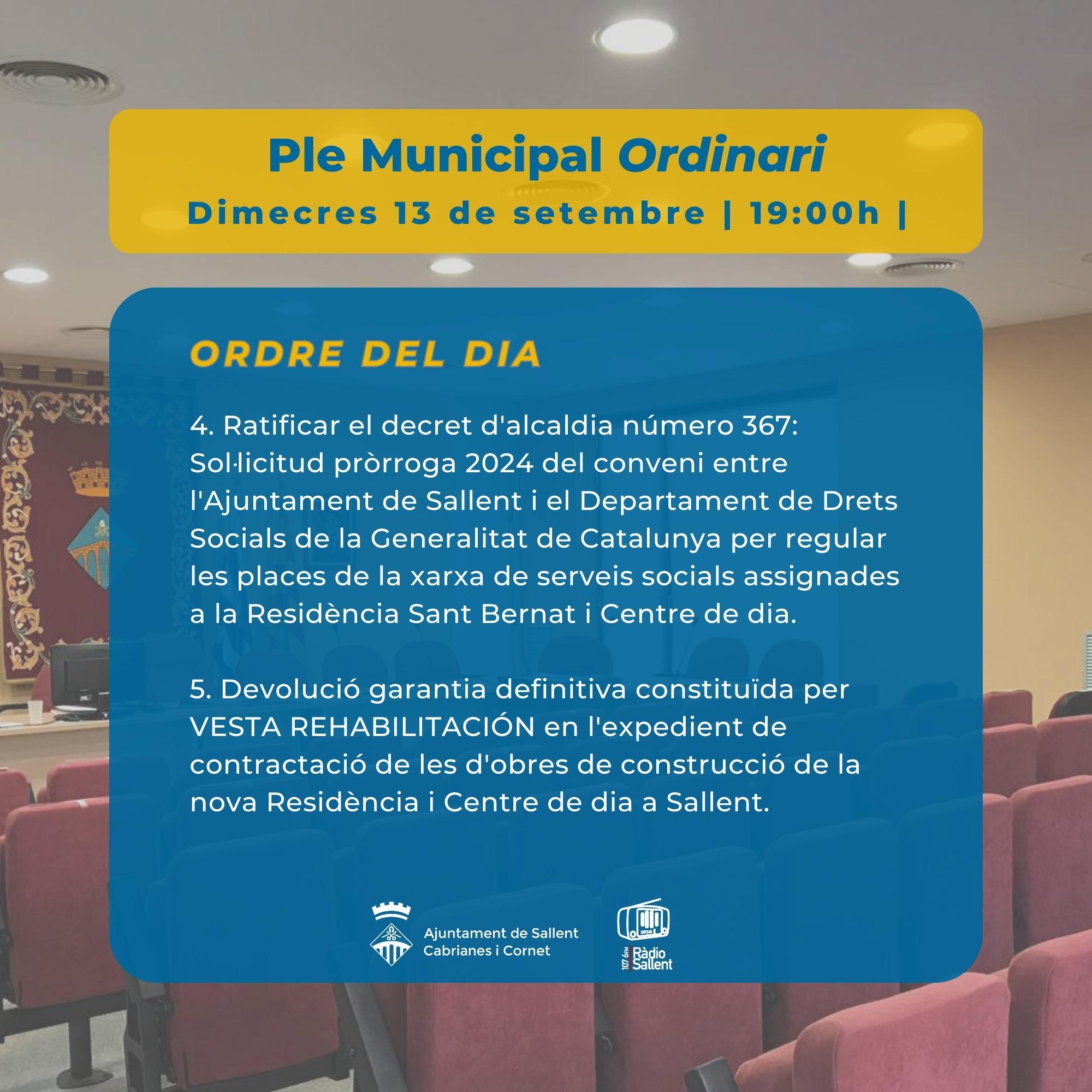 Ordre del dia - Ple Municipal del 13 de setembre de 2023